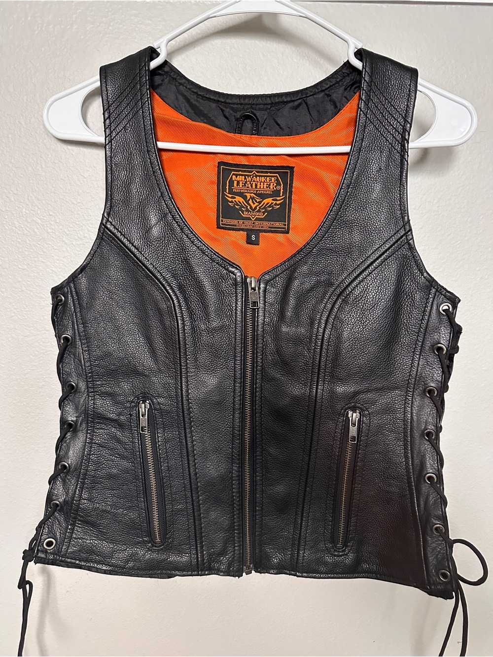 Milwaukee Leather Women's Black Leather Lace-Up Vest with Orange Lining